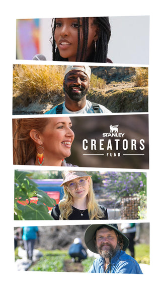Five diverse creators featured in Stanley 1913 Creators Fund promotional collage with portrait-style horizontal photo strips