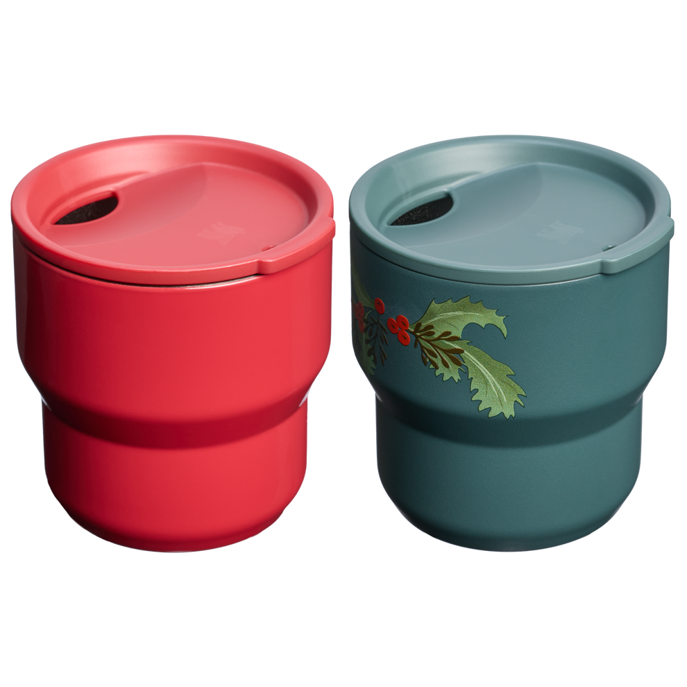 Stanley 1913 The Cheers & Cheer Stay-Hot Stacking Cup 2-Piece Set 10 OZ in Holly Berry Gloss/Holiday Botanical