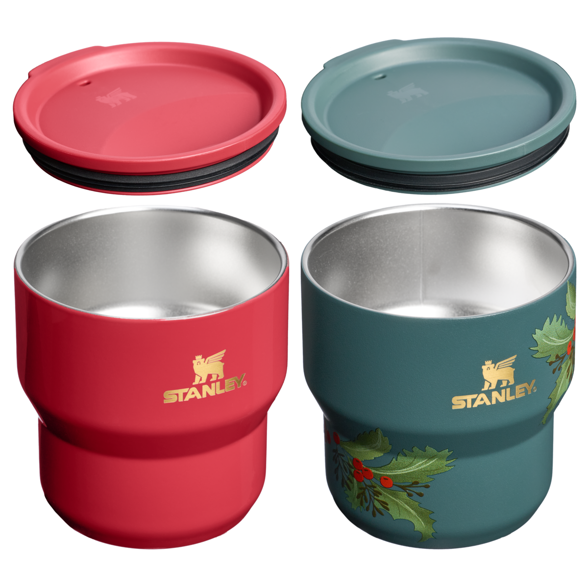 Stanley 1913 The Cheers & Cheer Stay-Hot Stacking Cup 2-Piece Set 10 OZ in Holly Berry Gloss/Holiday Botanical